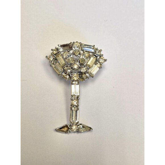 Vintage Rhinestone Cocktail Glass Pin Brooch Silver Tone Elegant Design - Picture 3 of 3